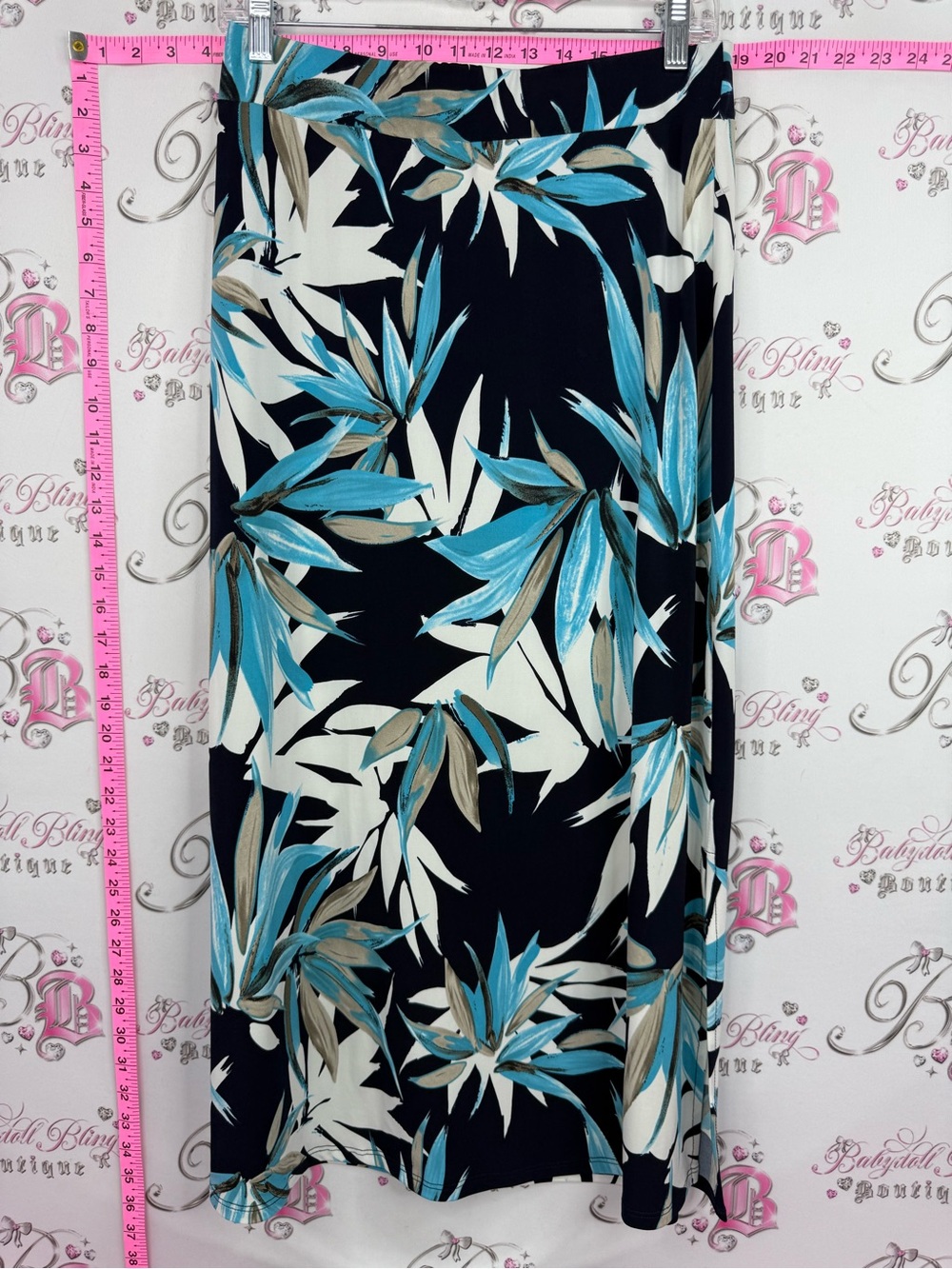LAURA skirt leafs Tropical Print Midi Skirt in Navy and Teal